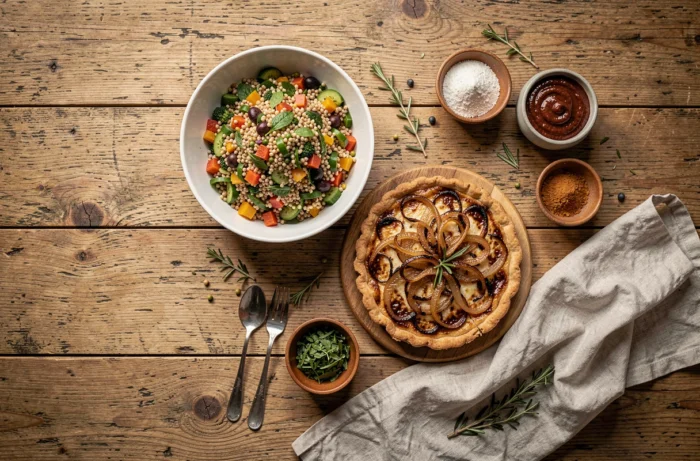 Vue aérienne d'un assortiment de plats cuisinés maison sur une table en bois, présentant les nouvelles recettes tendance à découvrir sur Cuisine Gratuite