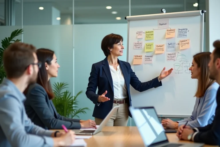 Formatrice présentant la méthode ADKAR à une équipe en salle de formation en entreprise
