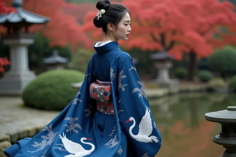 Femme japonaise en furisode bleu indigo avec longues manches traditionnelles dans un jardin japonais