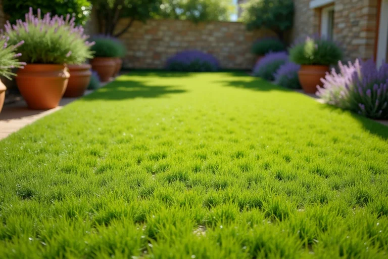 Gazon méditerranéen dense et résistant à la sécheresse dans un jardin provençal avec lavande et mur en pierre