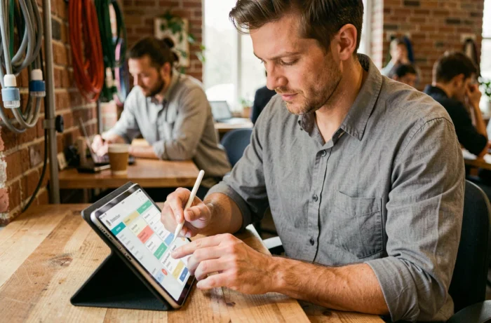 Entrepreneur utilisant une tablette pour gérer des tâches administratives dans un espace de coworking