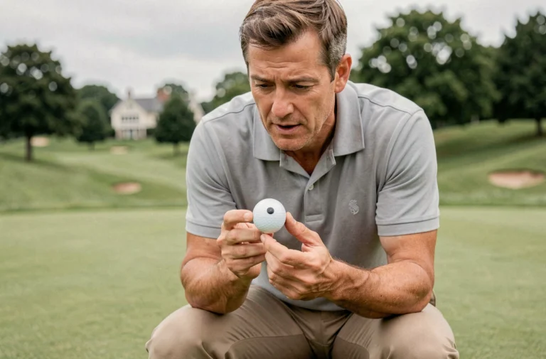 Golfeur examinant une balle de golf avec GPS intégré sur le fairway d'un parcours professionnel