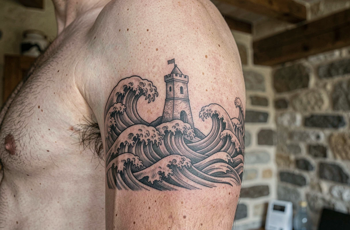 Gros plan d'un tatouage corse détaillé représentant une tour génoise et motifs traditionnels sur un bras d'homme