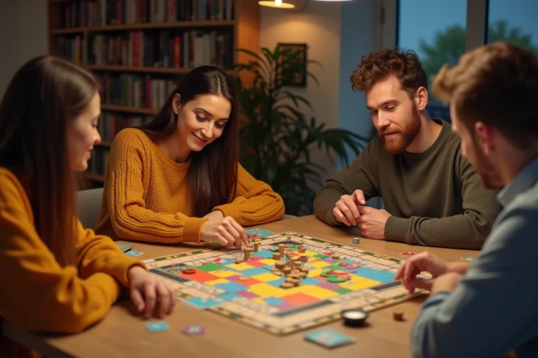 Groupe d'amis adultes jouant à un jeu de société complexe autour d'une table en bois dans un salon chaleureux