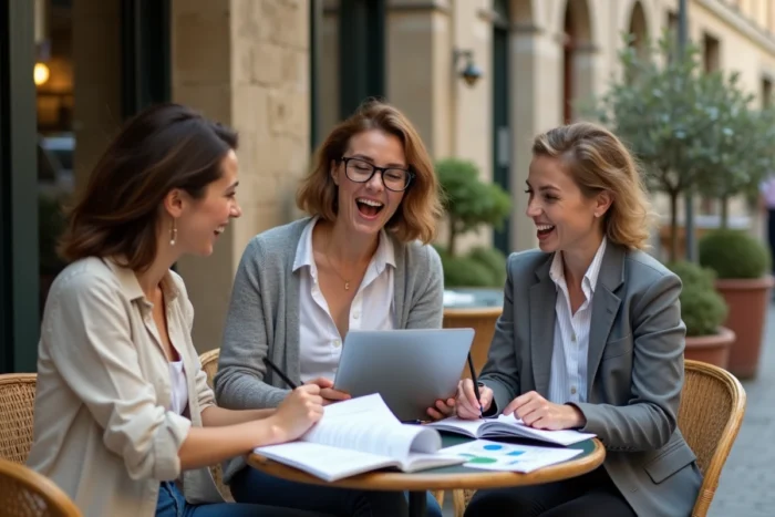 Groupe d'entrepreneurs collaborant autour d'une table de café en terrasse avec carnets et tablette numérique