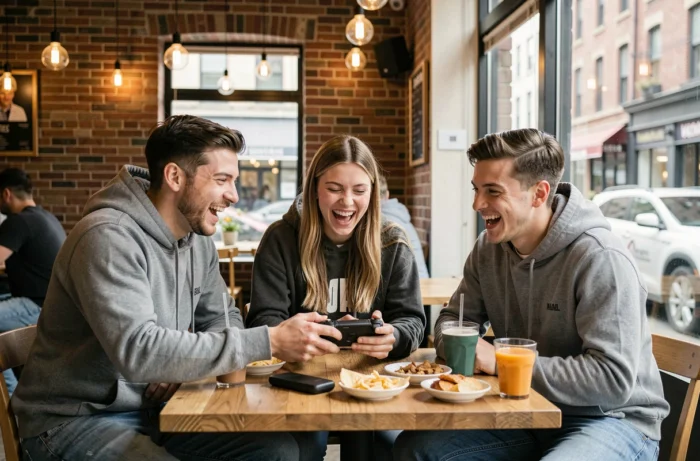 Groupe de jeunes adultes réunis autour d'une console portable dans un café urbain, partageant un moment de jeu vidéo convivial