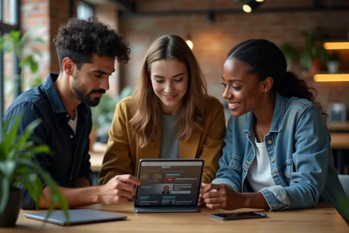 Groupe de professionnels discutant des tendances de l'actualité autour d'une tablette numérique dans un espace de coworking