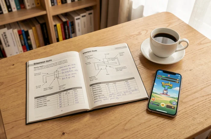 Guía estratégica Pokémon competitiva abierta con anotaciones sobre los estados especiales al lado de un smartphone que muestra una batalla