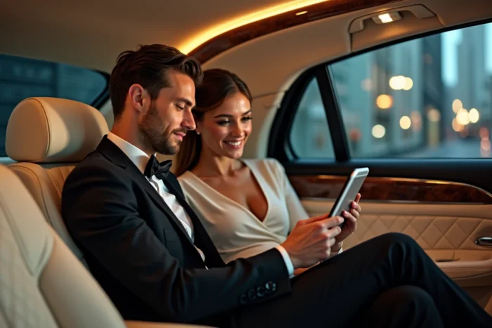 Couple élégant installé dans l'habitacle luxueux d'un véhicule de transport personnalisé avec tablette numérique
