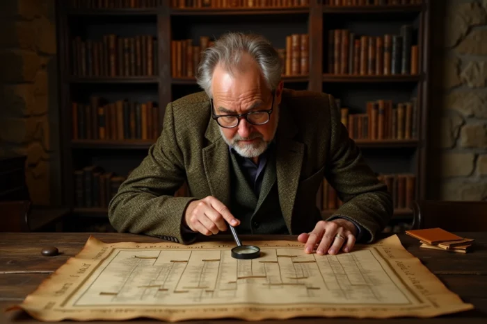 Historien examinant un parchemin généalogique des rois de France dans une salle d'archives ancienne
