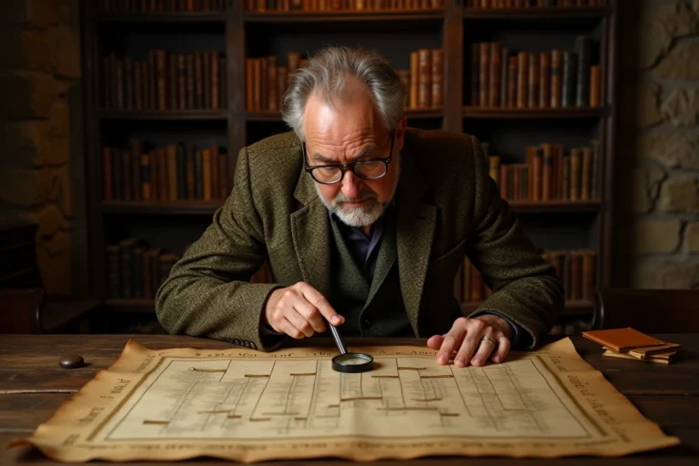 Historien examinant un parchemin généalogique des rois de France dans une salle d'archives ancienne