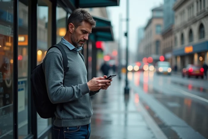 Homme consultant les actualités sur smartphone à un arrêt de bus en ville sous un ciel nuageux