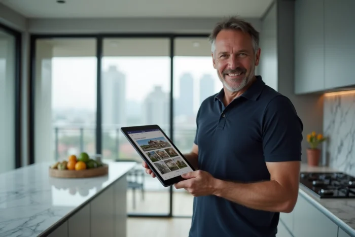 Man consulting a real estate search application on a tablet in a modern kitchen