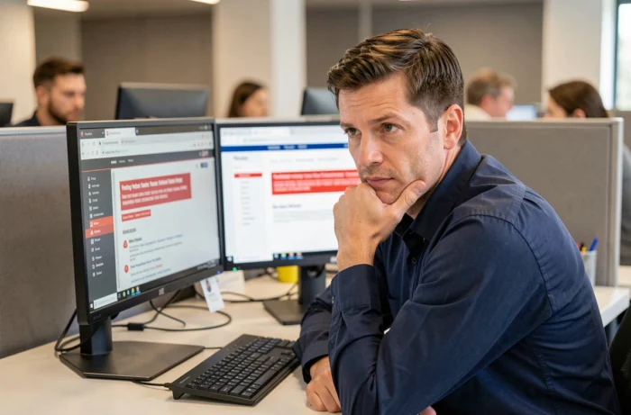 Homme en bureau analysant un site web frauduleux affiché sur un écran avec alerte de sécurité, pour illustrer la protection contre les arnaques en ligne