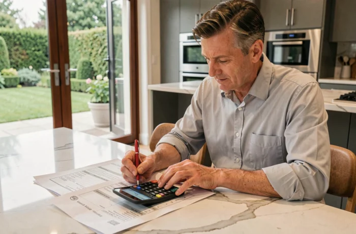 Homme calculant le gain financier d'une renégociation de prêt immobilier avec un smartphone et un tableau comparatif de taux dans une cuisine moderne