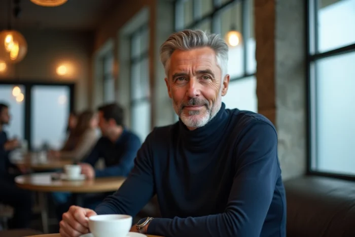 Homme mature aux cheveux sel et poivre coiffés avec une raie classique, assis dans un café contemporain avec un pull col roulé marine