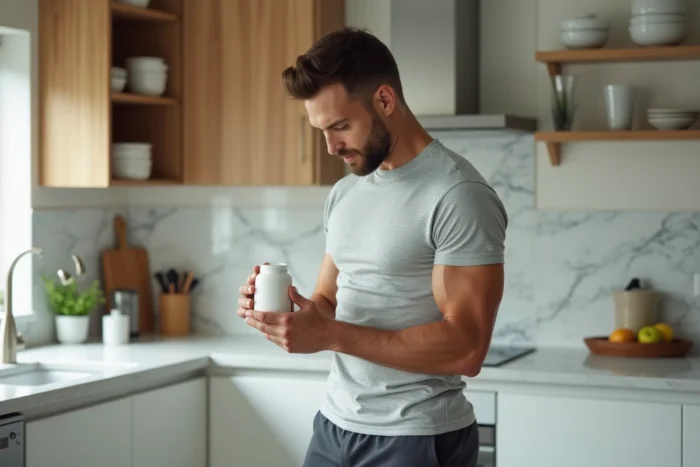 Homme dans la trentaine tenant une bouteille de complément minceur dans une cuisine moderne, évaluant le produit Fincut pour hommes