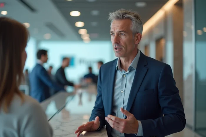 Homme discutant de ses options bancaires avec un conseiller financier dans une agence moderne