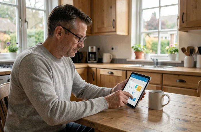 Homme consultant ses documents RH en ligne sur une tablette depuis son domicile