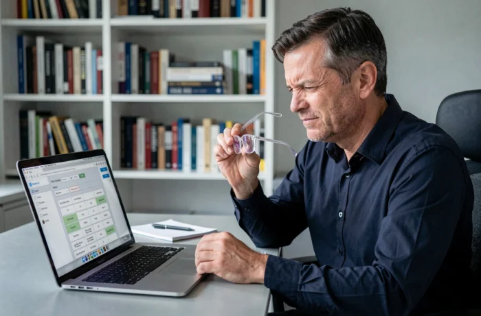 Homme utilisant un outil en ligne de calcul d'épaisseur de verres de lunettes sur ordinateur portable à domicile
