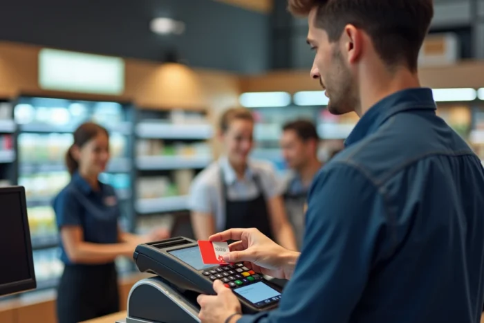 Homme utilisant une carte cadeau Kadéos Infini sur un terminal de paiement en magasin
