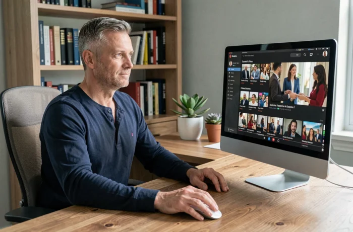 Homme utilisant une plateforme de streaming vidéo sur son ordinateur de bureau à domicile