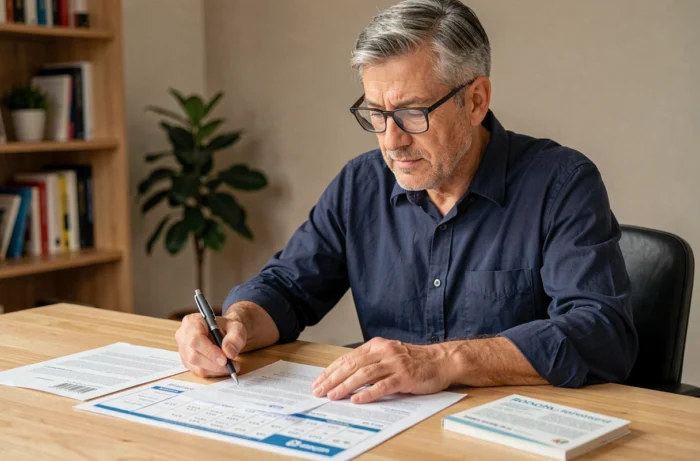 Homme consultant un tableau de remboursement optique Itelis à son bureau