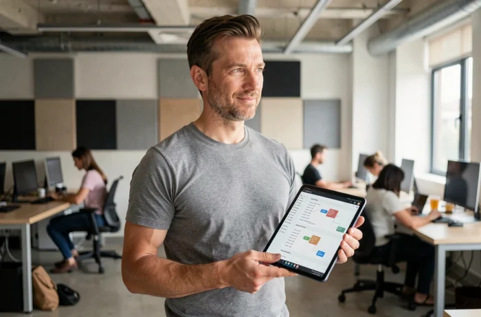 Homme explorant la carte du site d'un portail sportif sur une tablette dans un espace de coworking