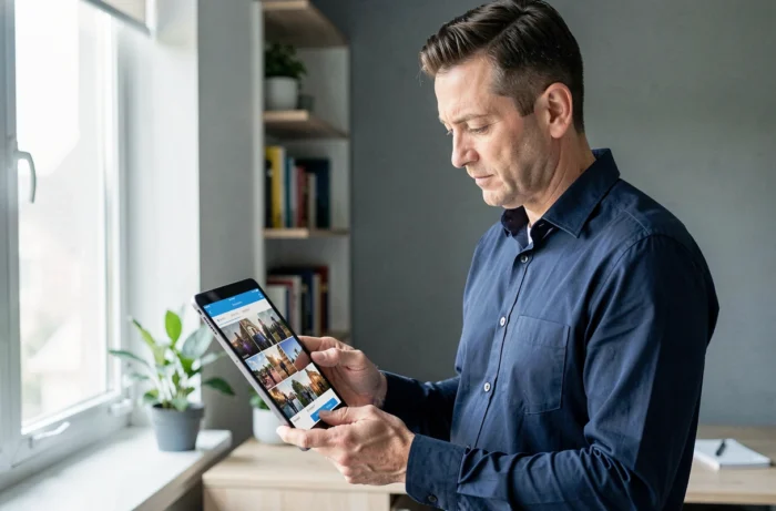 Homme téléchargeant des photos d'événement sur une tablette depuis un bureau à domicile moderne