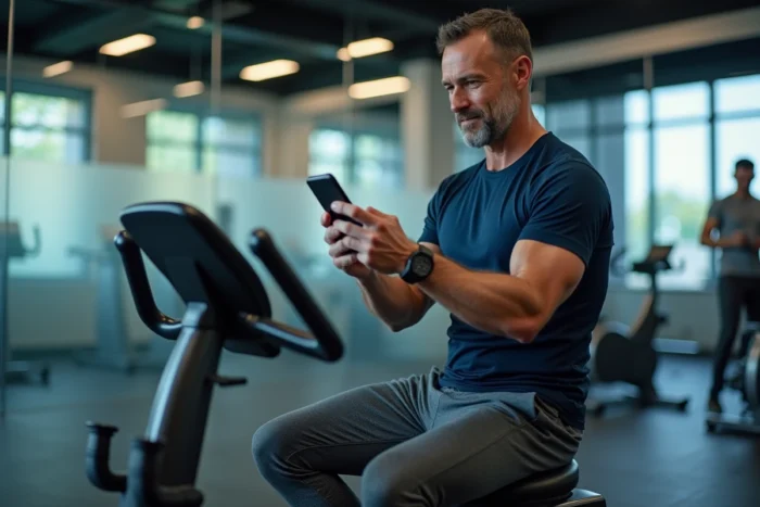 Homme sur un vélo d'appartement allongé en salle de fitness consultant ses données d'entraînement sur smartphone