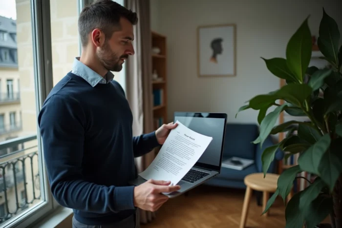 Homme comparant un courrier officiel reçu du 121 rue Manin à Paris avec des informations en ligne pour en vérifier l'authenticité