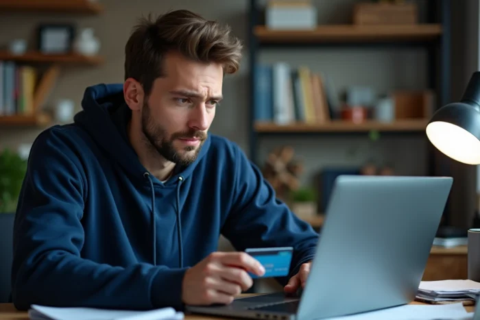 Homme vérifiant un retard de virement Mangopay sur ordinateur portable avec carte bancaire en main
