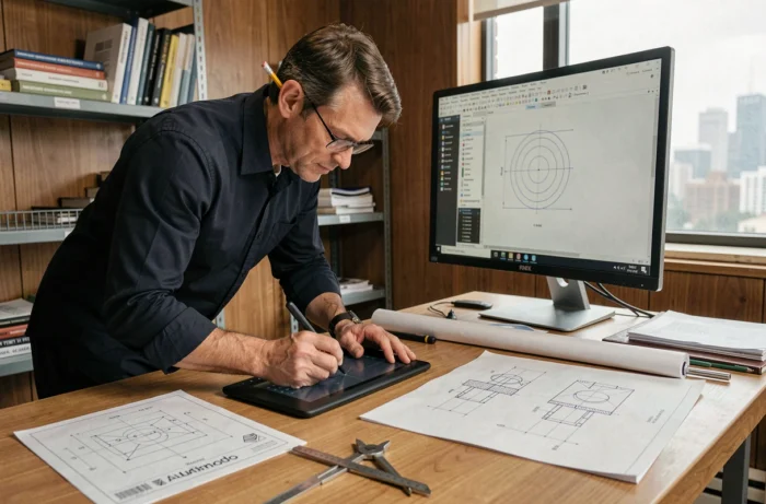 Homme ingénieur utilisant une tablette graphique et AutoCAD sur un bureau de dessin technique encombré d'exercices imprimés