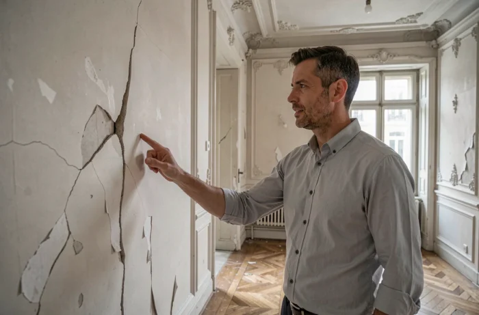 Agent immobilier signalant des défauts structurels lors d'une visite d'appartement à Lyon