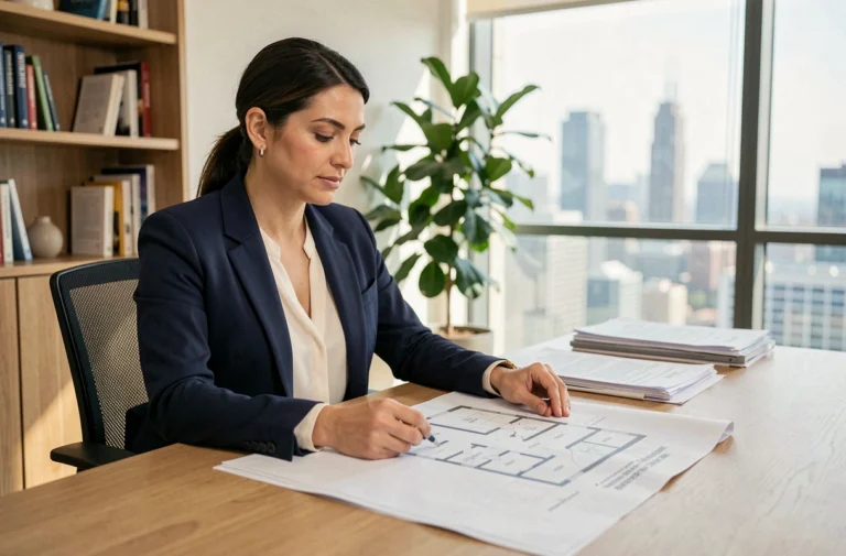 Femme investisseuse immobilière analysant des documents et des plans architecturaux dans un bureau moderne
