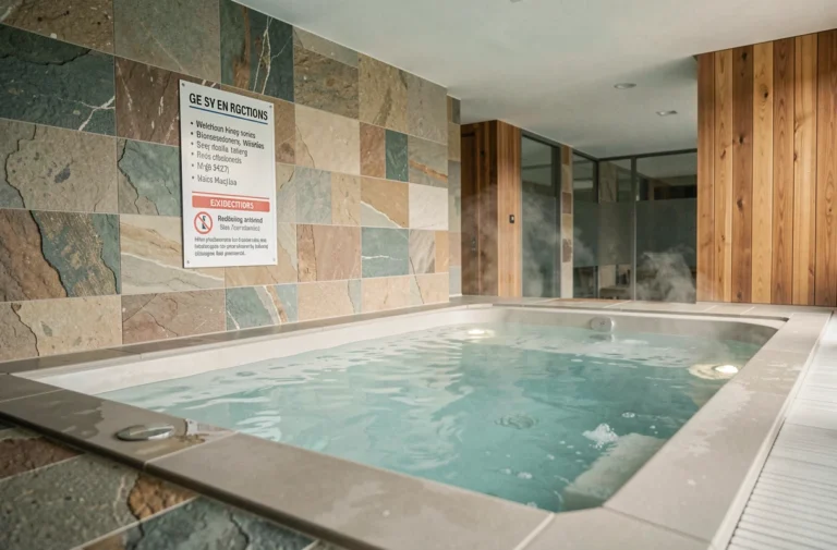Jacuzzi dans un espace bien-être avec panneau d'interdiction pour les moins de 16 ans affiché sur le mur