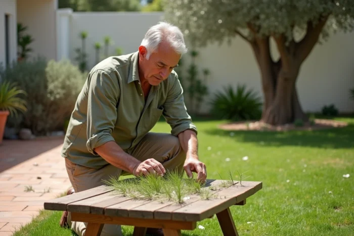 Jardinier examinant des échantillons de gazon adaptés au climat méditerranéen sur une table en bois