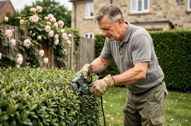 Jardinier professionnel en train de tailler une haie avec un taille-haie électrique dans un jardin entretenu