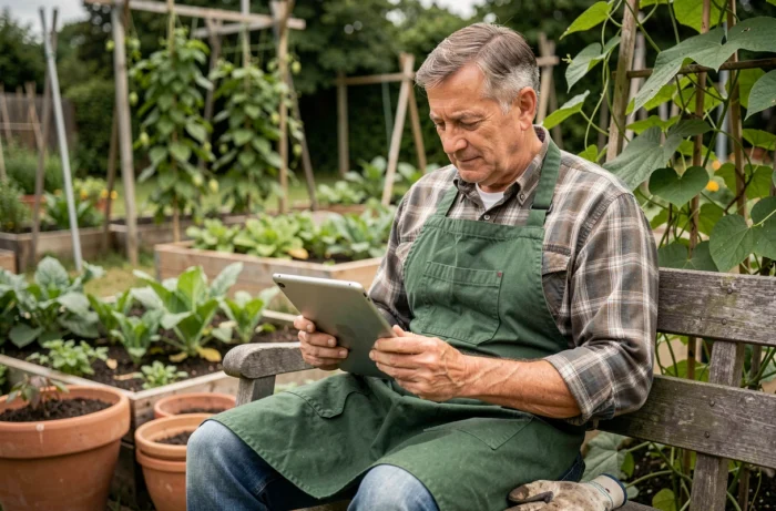 Jardinier d'âge mûr consultant un site de jardinage sur une tablette assis sur un banc en bois au milieu de son potager