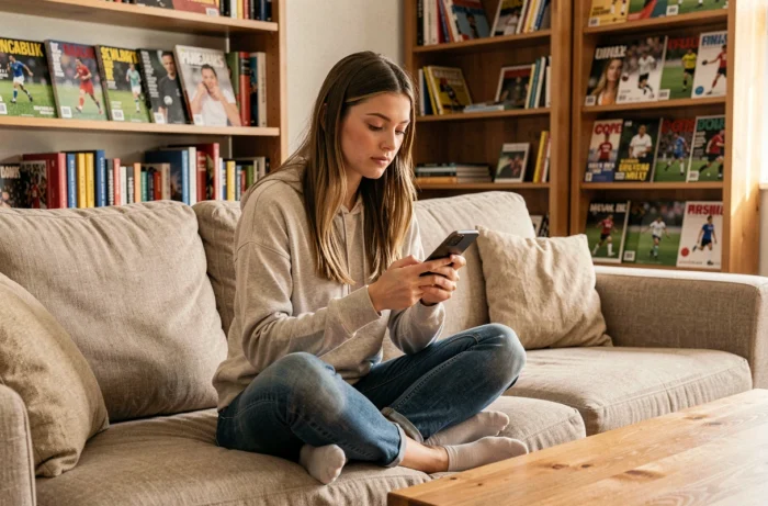Jeune femme naviguant sur un site sportif via smartphone depuis son canapé à domicile