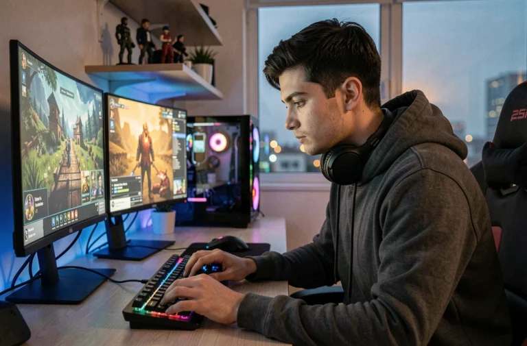 Jeune gamer concentré devant son setup PC gaming avec écrans multiples et périphériques RGB dans un bureau à domicile