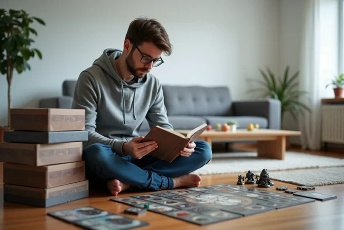 Jeune homme lisant les règles d'un jeu de société entouré de boîtes et de composants sur un parquet