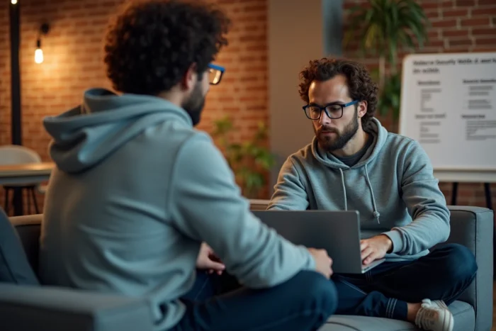 Jeune professionnel en cybersécurité consultant des offres d'emploi et des salaires sur son ordinateur dans un espace de coworking