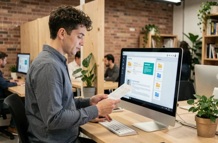 Jeune professionnel gérant ses fiches de paie et documents en ligne sur un portail RH au bureau