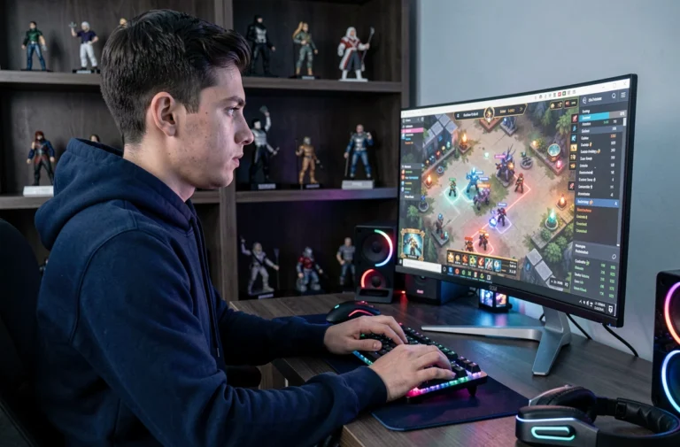 Joueur concentré devant un écran de jeu stratégique affichant des états spéciaux dans un jeu de combat tour par tour