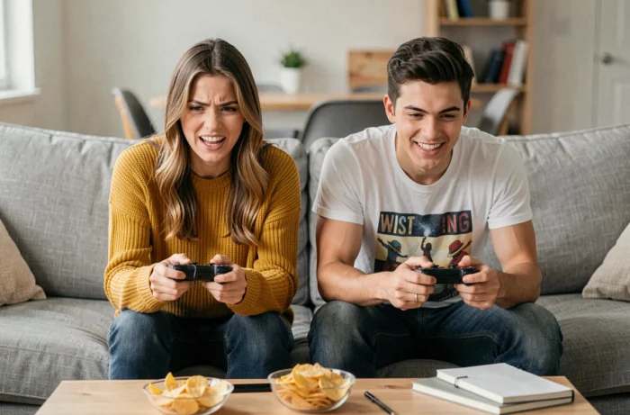 Dos jugadores en competencia en consolas portátiles en un salón, estudiando las estrategias de estados especiales Pokémon