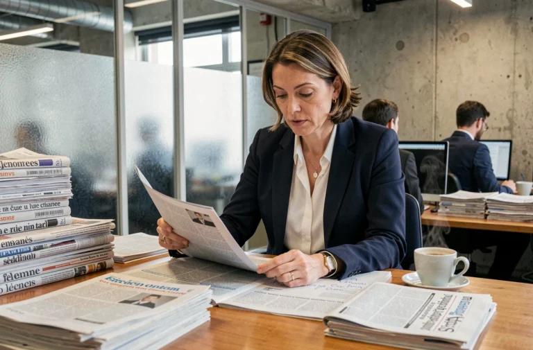 Journaliste française analysant des journaux dans une salle de rédaction parisienne