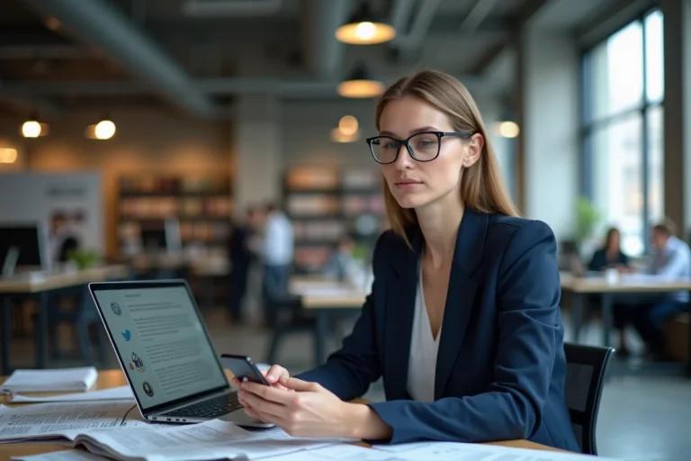 Journaliste femme en salle de rédaction moderne consultant des journaux et actualités sur ordinateur portable