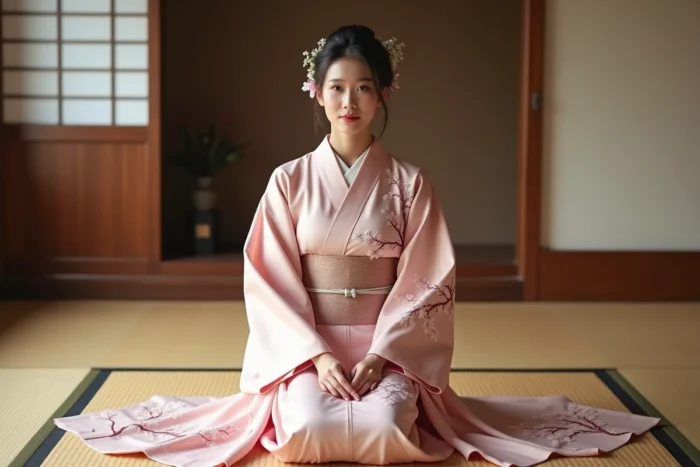 Jeune femme en kimono de mariage uchikake rose avec longues manches dans une salle tatami traditionnelle
