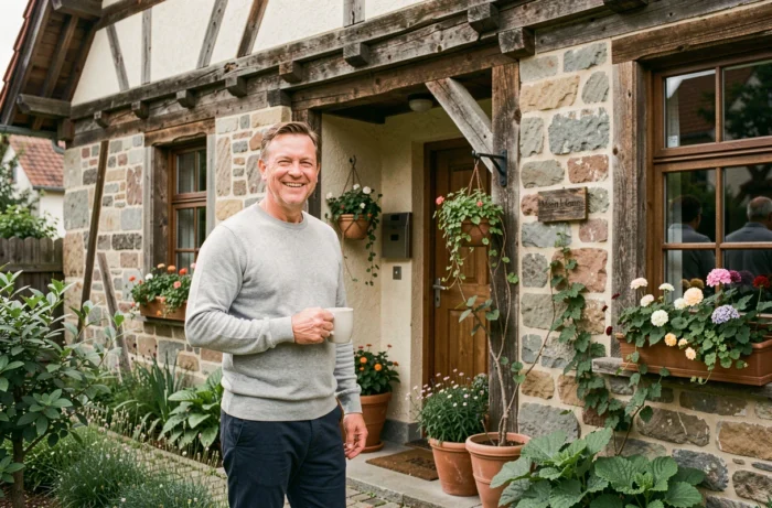 Homme politique français devant sa maison traditionnelle alsacienne lors d'un moment de détente en famille